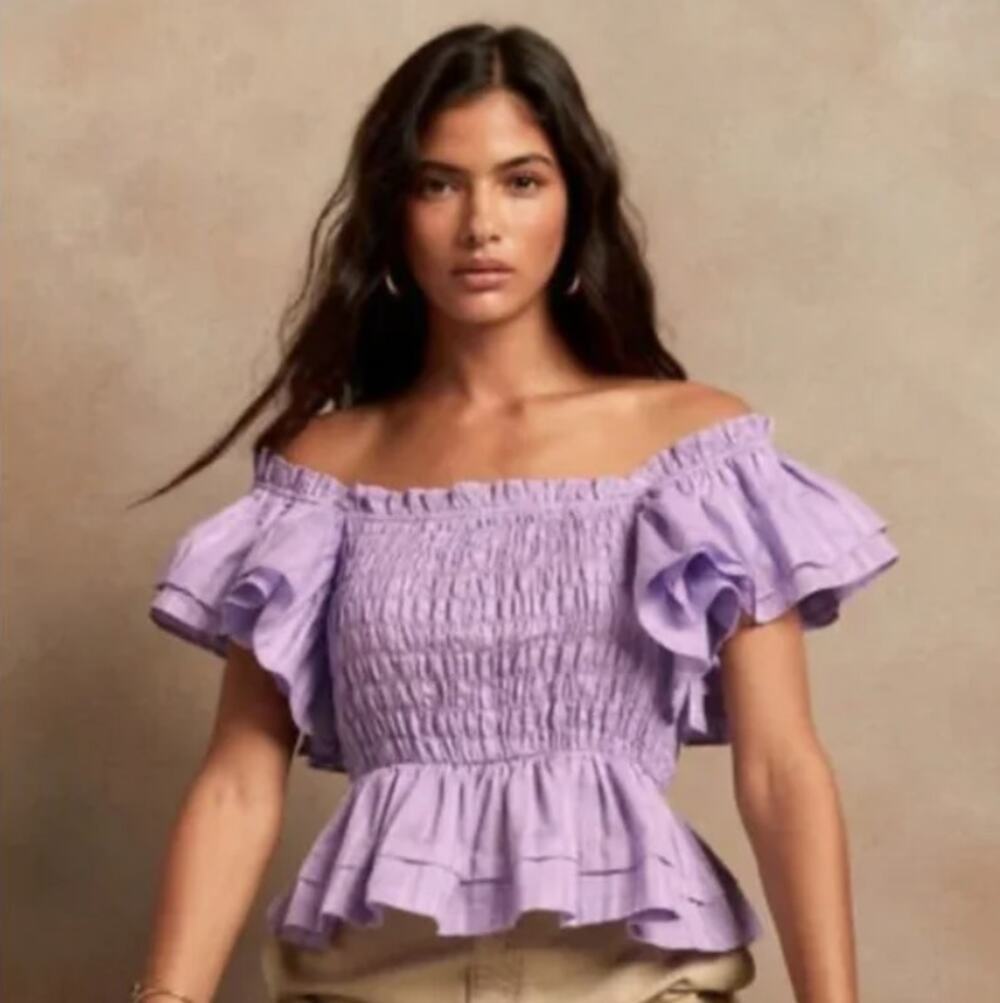 NWT Banana Republic Purple Smocked Ruffle Off The Shoulder Blouse Women size XXL